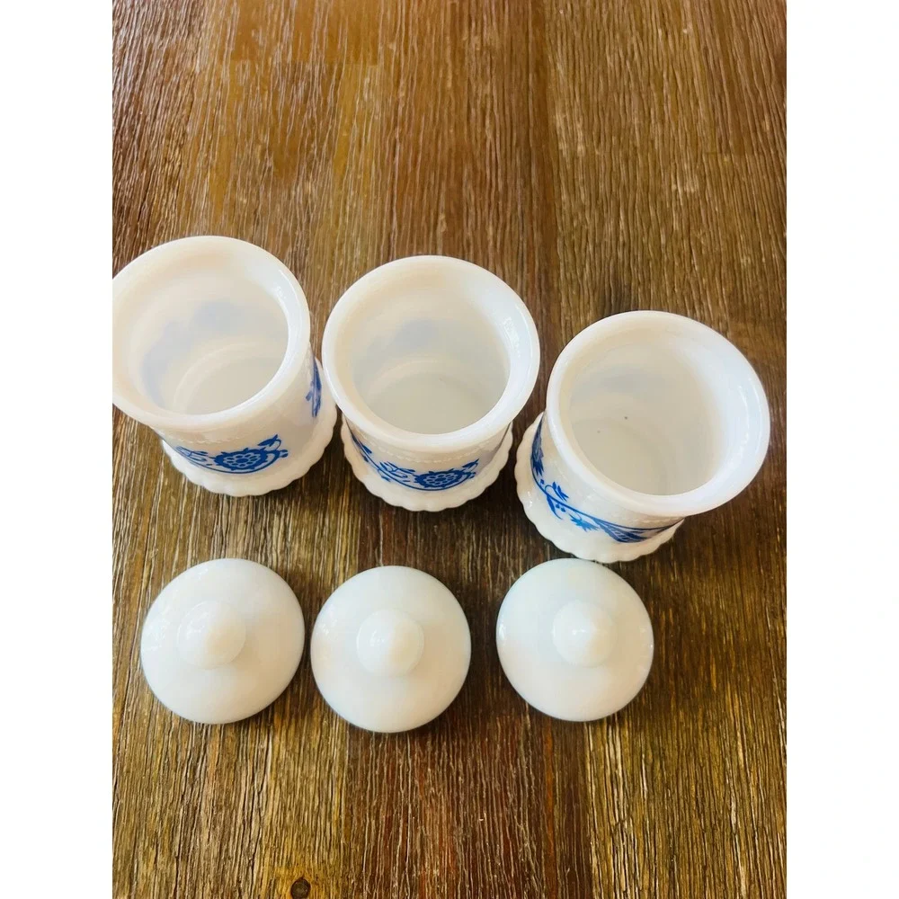 Vintage Milk Glass Spice Jars Set of 3 Blue Floral White Canisters with Lids